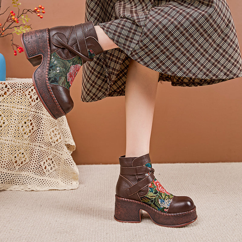 Socofy Retro Cowhide Leather Chunky Heel Platform Boots