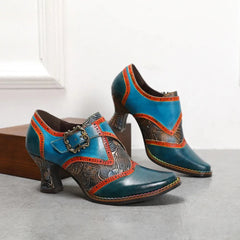 SOCOFY Retro Genuine Leather Square Heel Round Toe Buckle Strap Mixed Colors British Style Novelty Flower Shoes