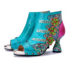 Socofy Vicconfy Leather Floral Fish Mouth Lake Green Heeled Sandals