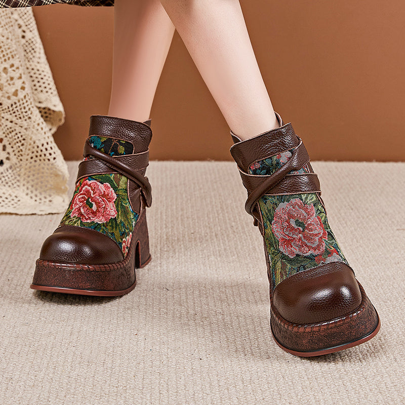 Socofy Retro Cowhide Leather Chunky Heel Platform Boots