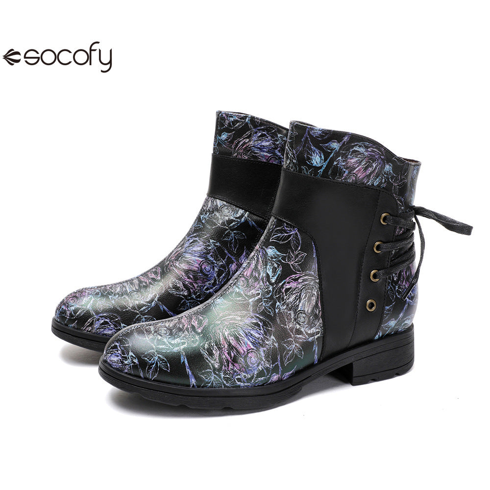 Socofy Vicconfy Retro Leather Blossom Casual Comfort Ankle Boots