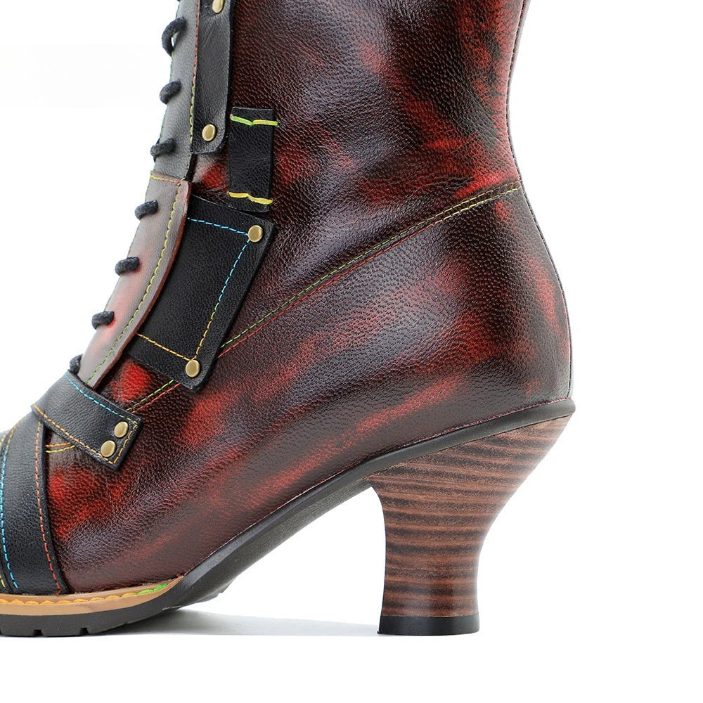 Socofy Leather Vintage Boots High Heeled Boots