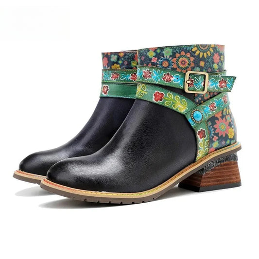 SOCOFY Belt Buckle ZIP Genuine leather Flower Splicing British Style Ankle Boots 800