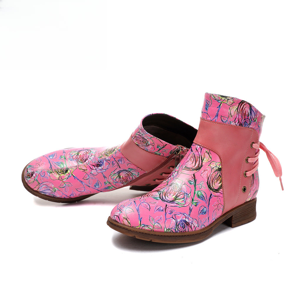 Socofy Vicconfy Retro Leather Blossom Casual Comfort Ankle Boots