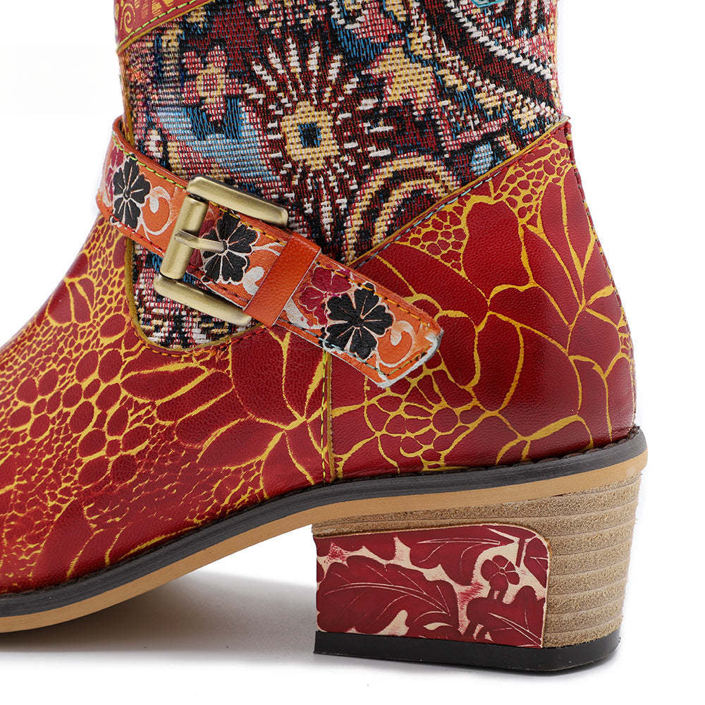 Socofy Leather Vintage Print Chunky Heel Knee Women's Boots