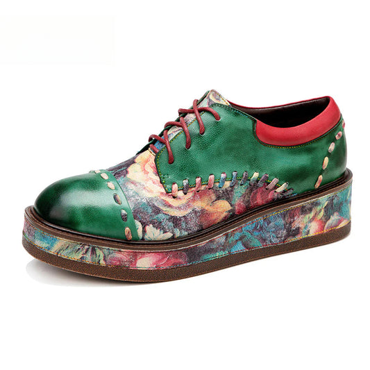Socofy Vicconfy Retro Muffin Heel Comfortable Printed Round Toe Leather Women's Shoes Loafers 1000