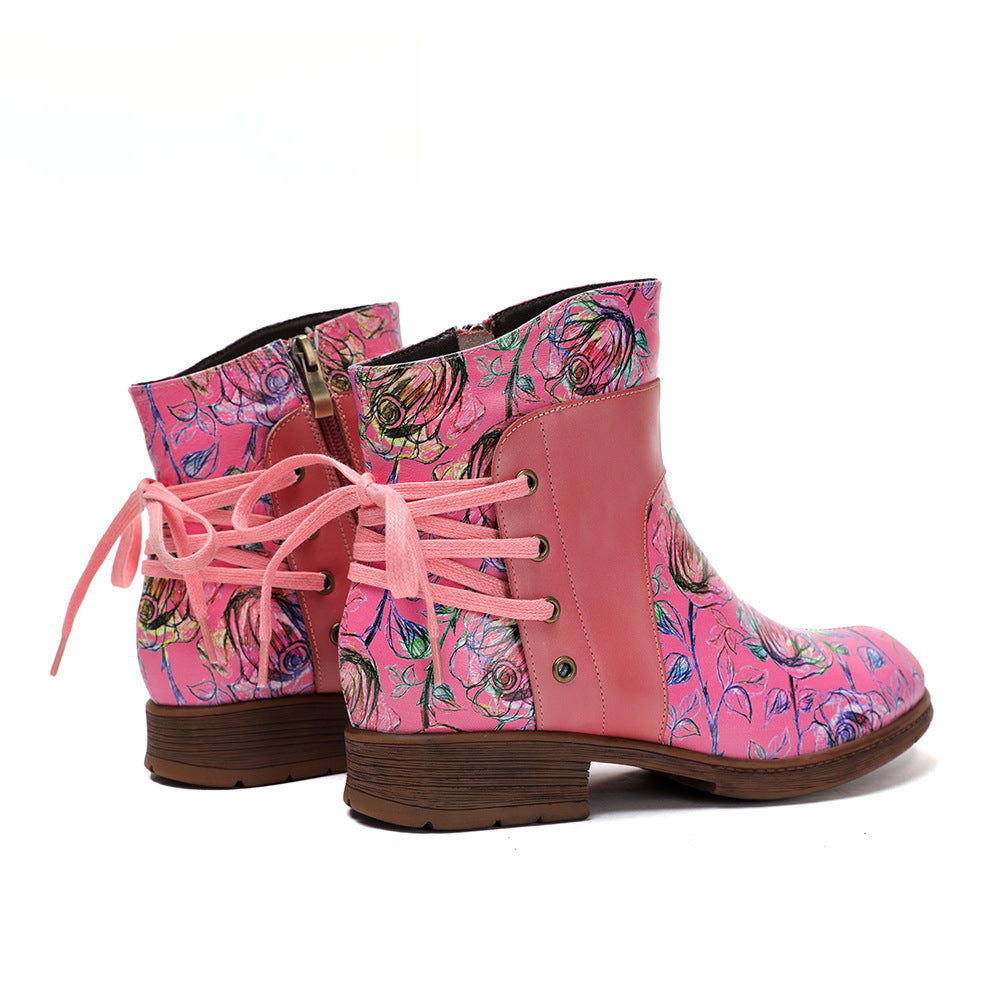 Socofy Vicconfy Retro Leather Blossom Casual Comfort Ankle Boots