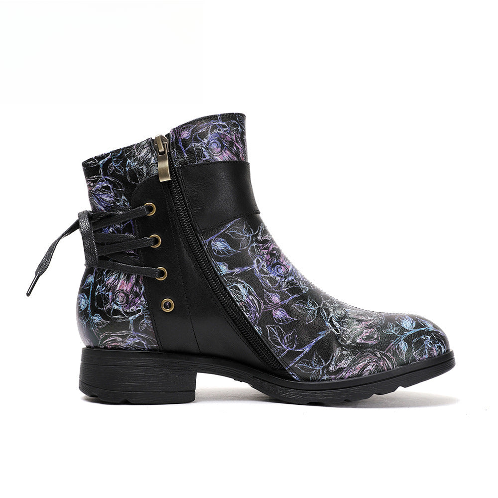 Socofy Vicconfy Retro Leather Blossom Casual Comfort Ankle Boots