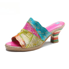 Socofy Summer Leather Vintage Colour Block High Heeled Sandals