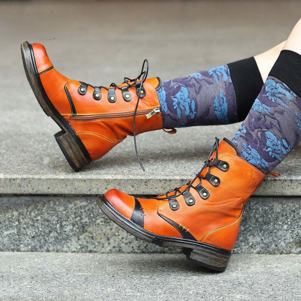 Socofy Vicconfy Leather Handmade Color Clash Retro Fashion Martin Boots Women's Boots