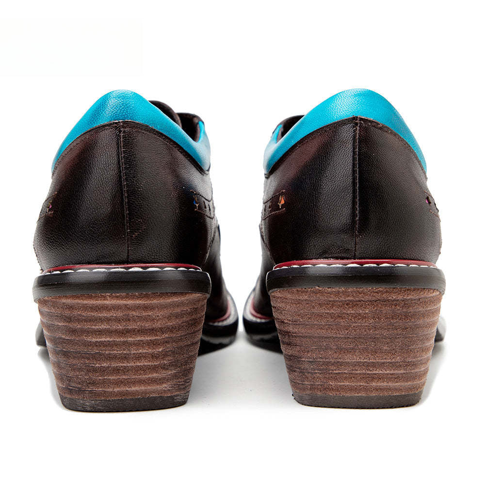 Socofy Leather Star Deco Lace Up Chunky Heel Single Shoes