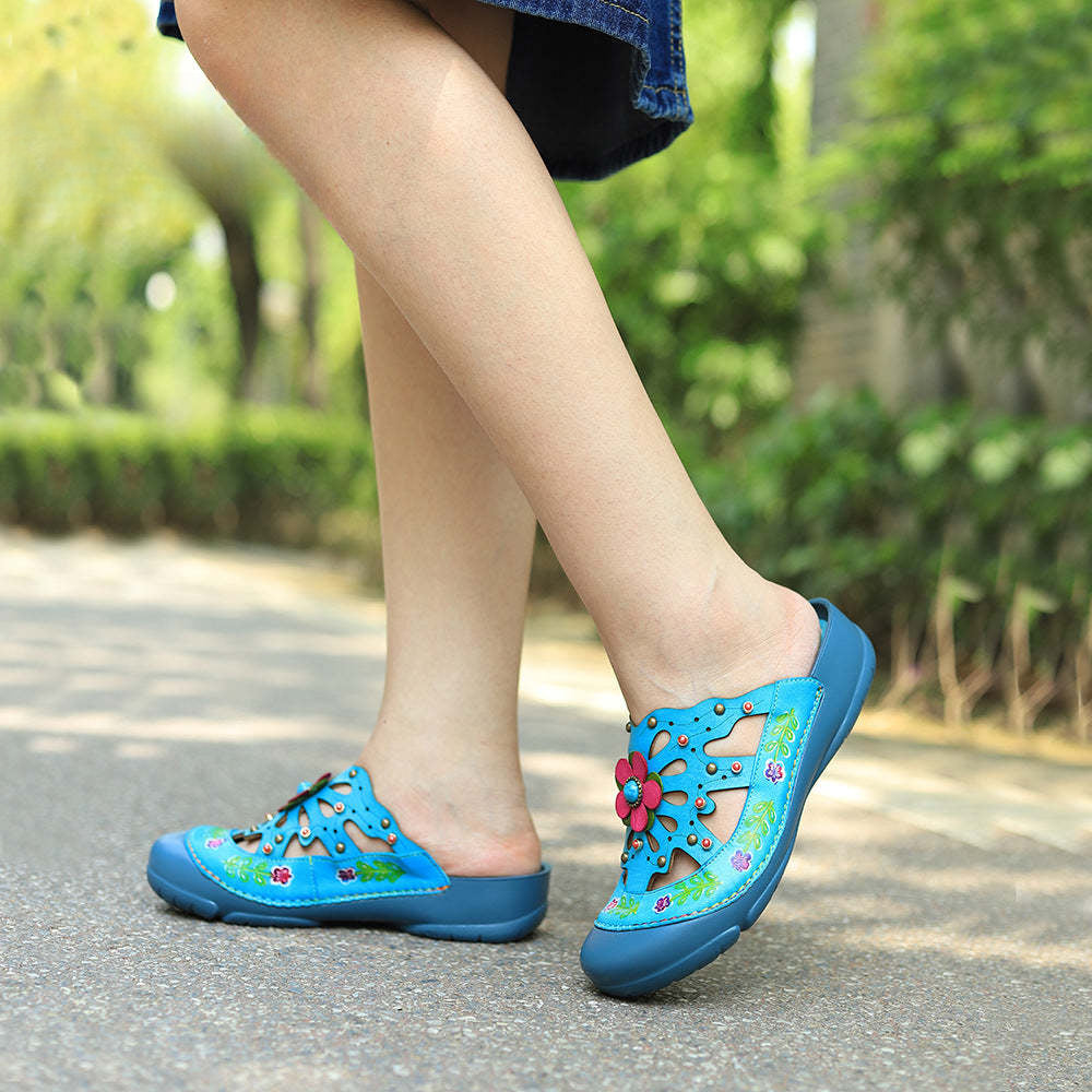 Socofy Genuine leather hand-rubbed vintage casual three-dimensional flower hollow comfortable shoes