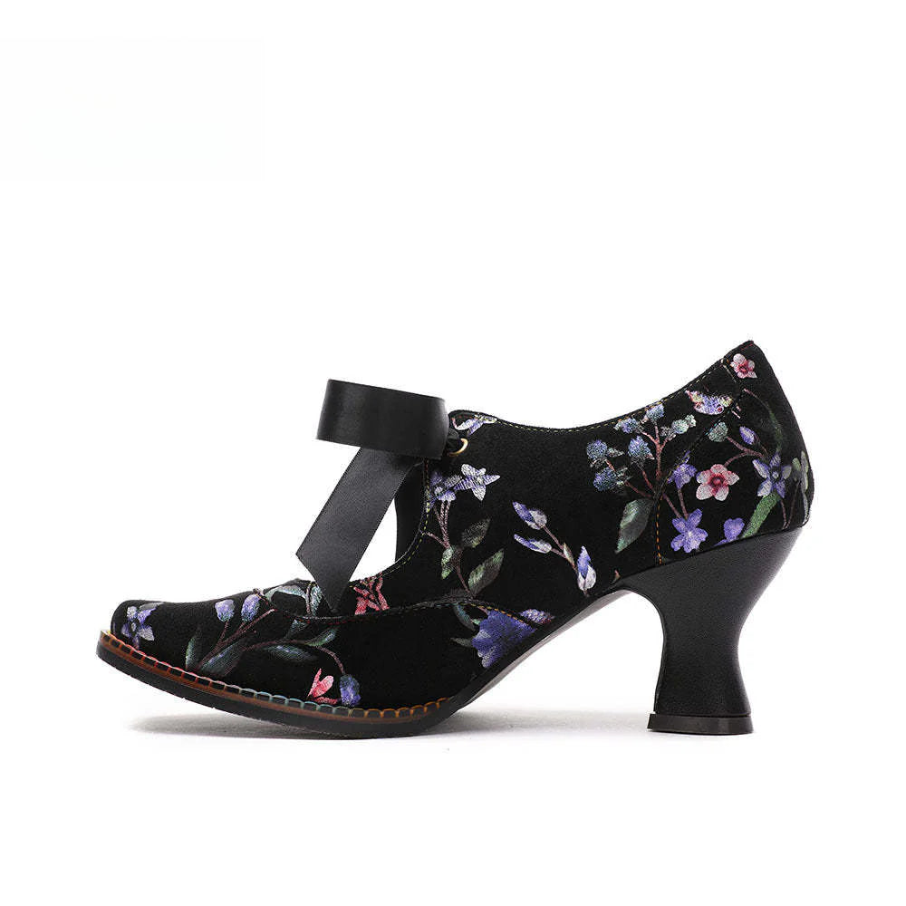 Socofy Flower Antique Style High Heel Round Toe Women's Shoes