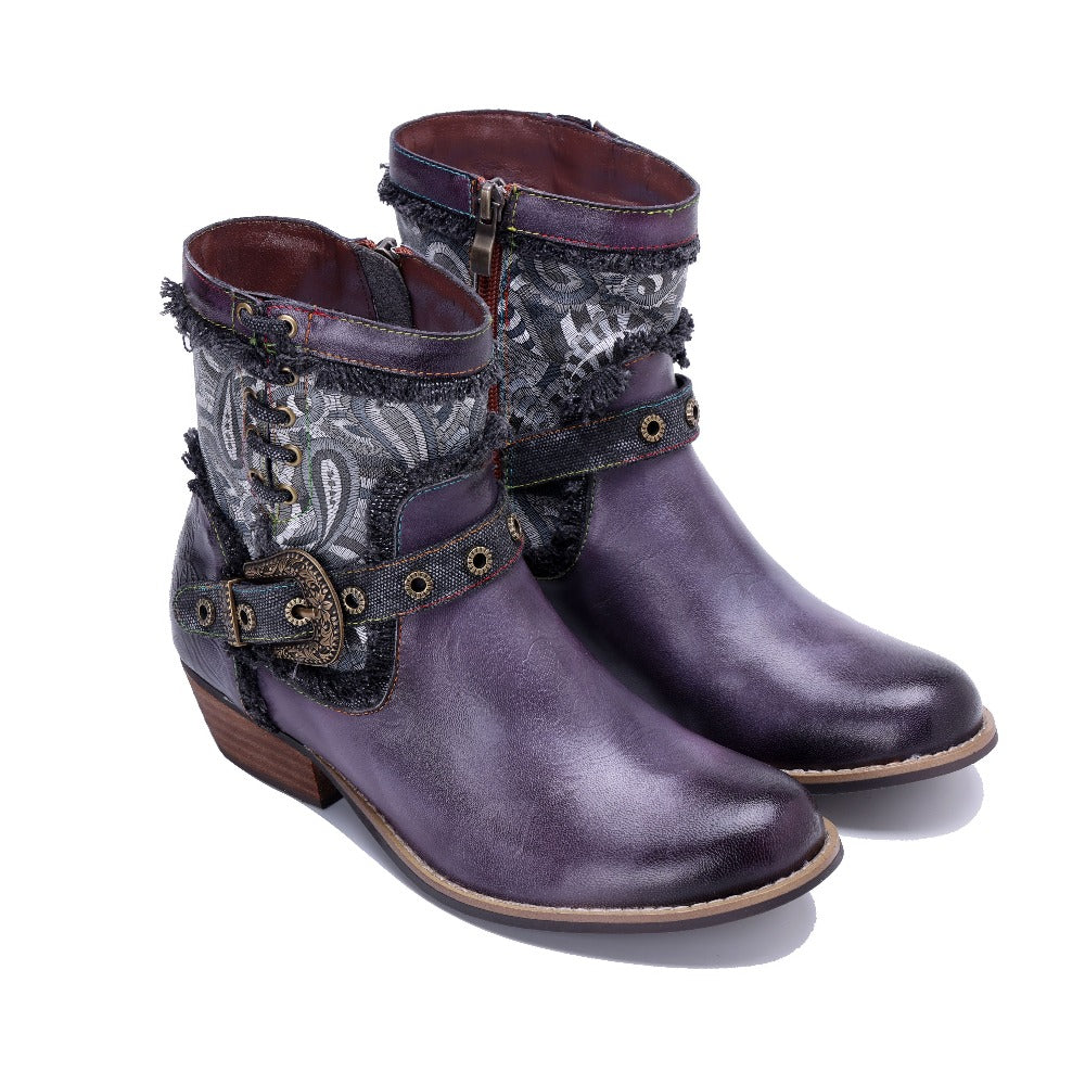 Socofy Handmade Leather Side Zipper Short Boots