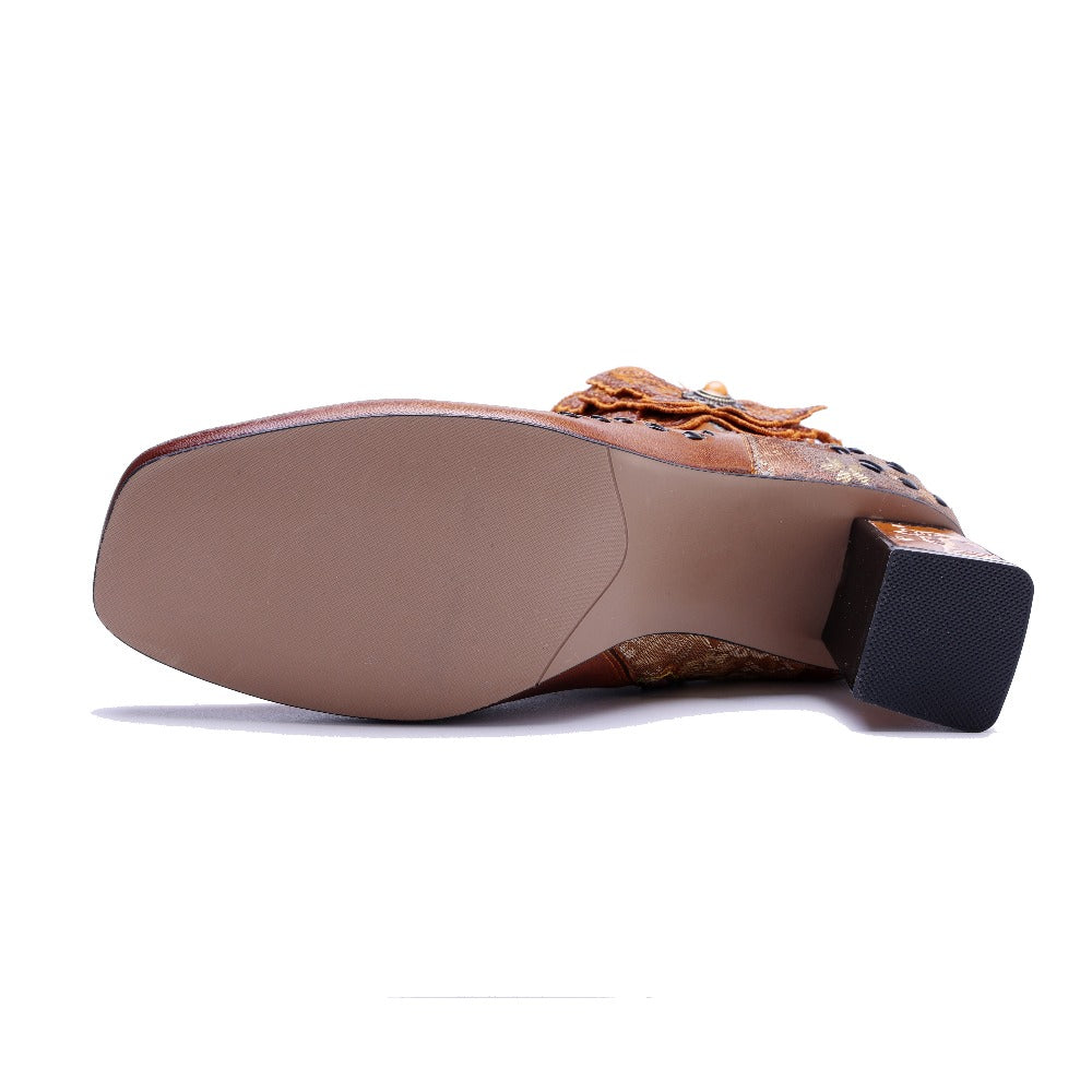 Socofy Retro Handmade Leather Butterfly Side Zip Heeled Boots