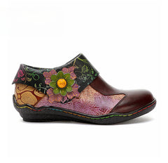 Socofy Vicconfy Ethnic Flower Leather Handmade Flat Shoes Low Heeled Single Shoes