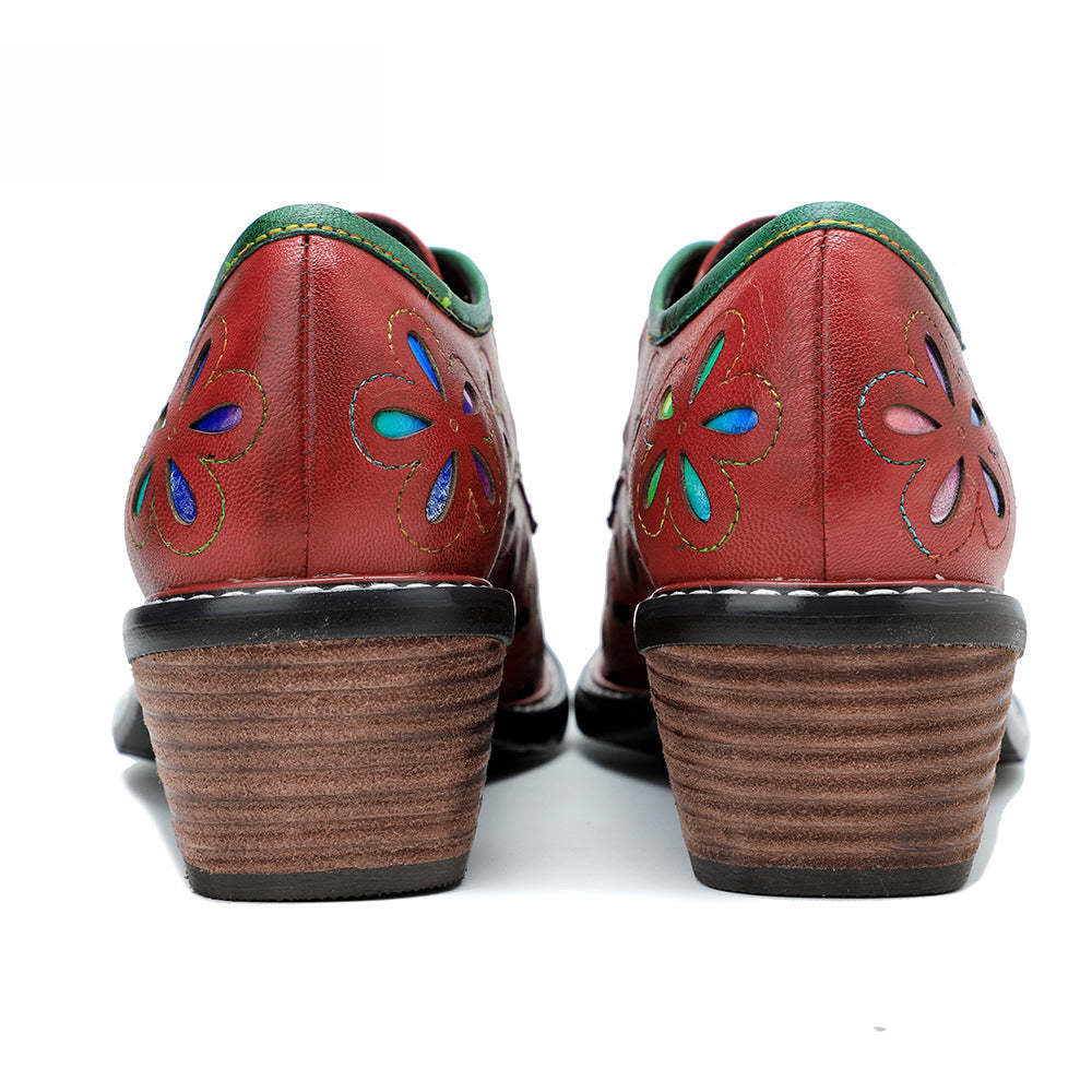 Socofy New style genuine leather retro contrasting hollow lace-up women's shoes