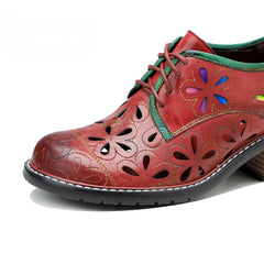 Socofy New style genuine leather retro contrasting hollow lace-up women's shoes