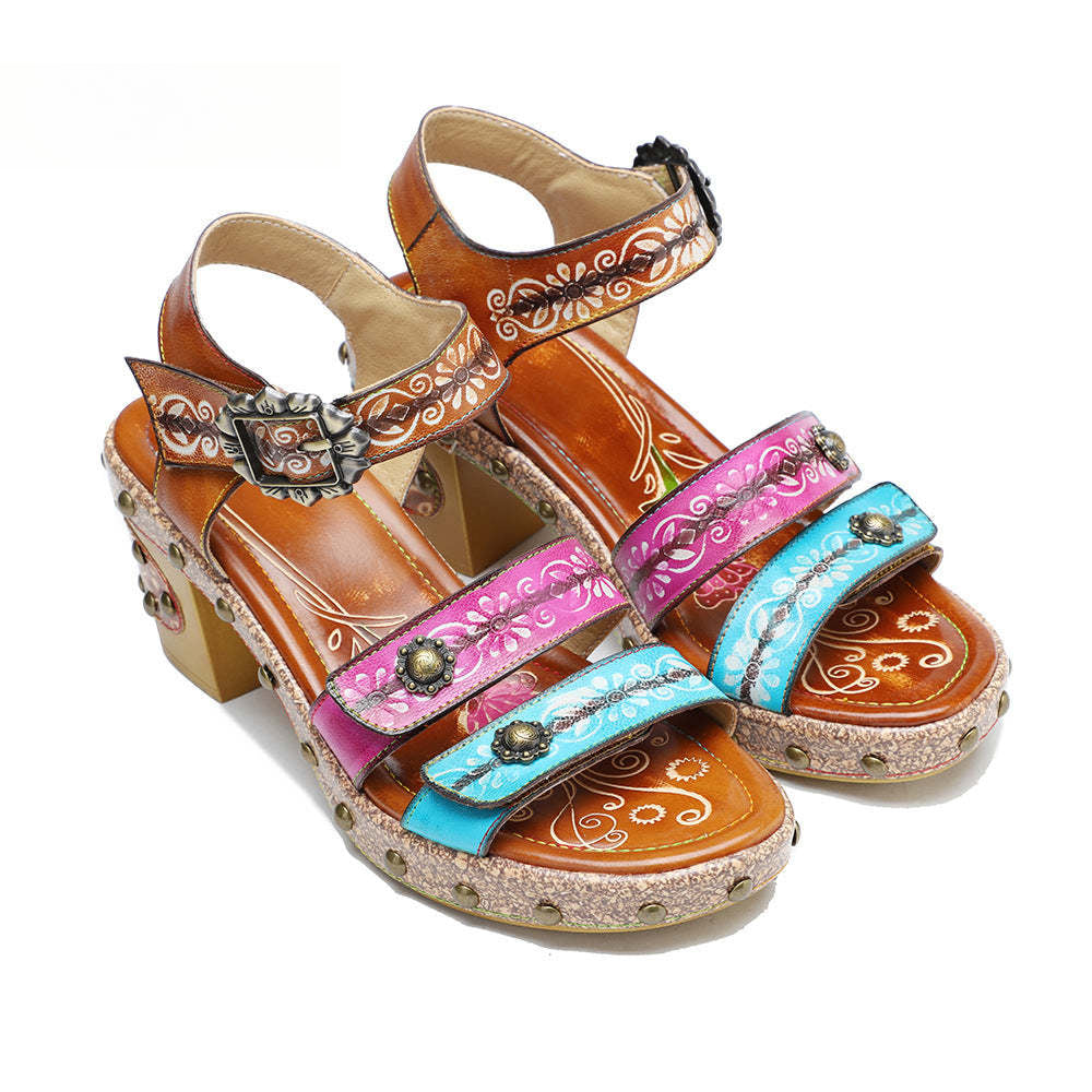 Socofy Summer Leather Retro Rivet Clash Colour High Heeled Sandals