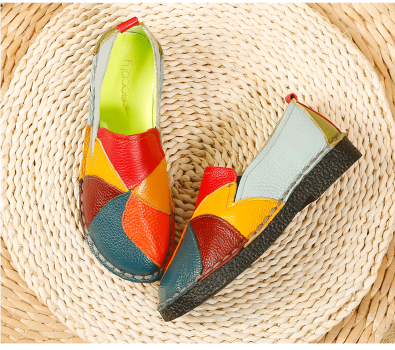 Socofy Top Grain Leather Block Flats