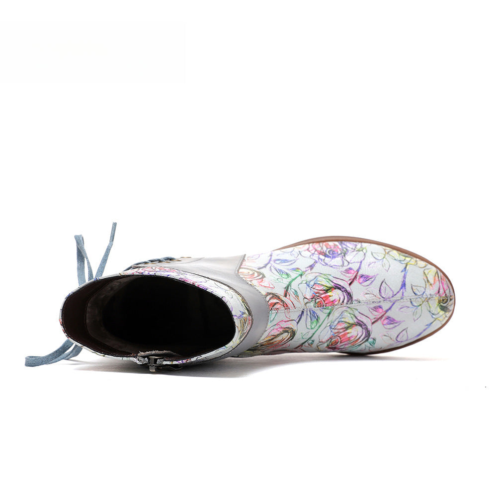 Socofy Vicconfy Retro Leather Blossom Casual Comfort Ankle Boots