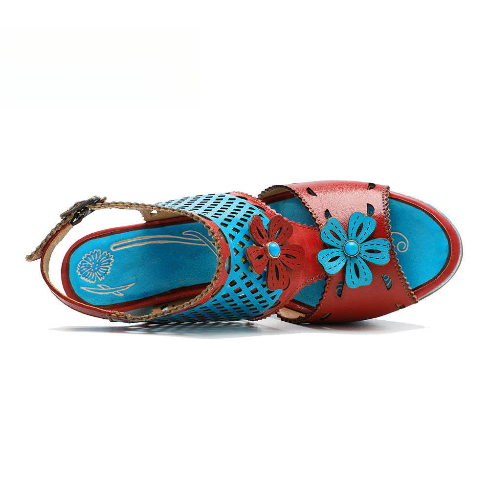 Socofy summer genuine leather retro hollow design high heel sandals
