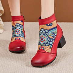 Socofy Retro Cowhide Leather Side Zipper Boots