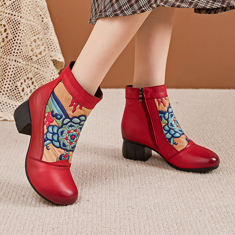 Socofy Retro Cowhide Leather Side Zipper Boots