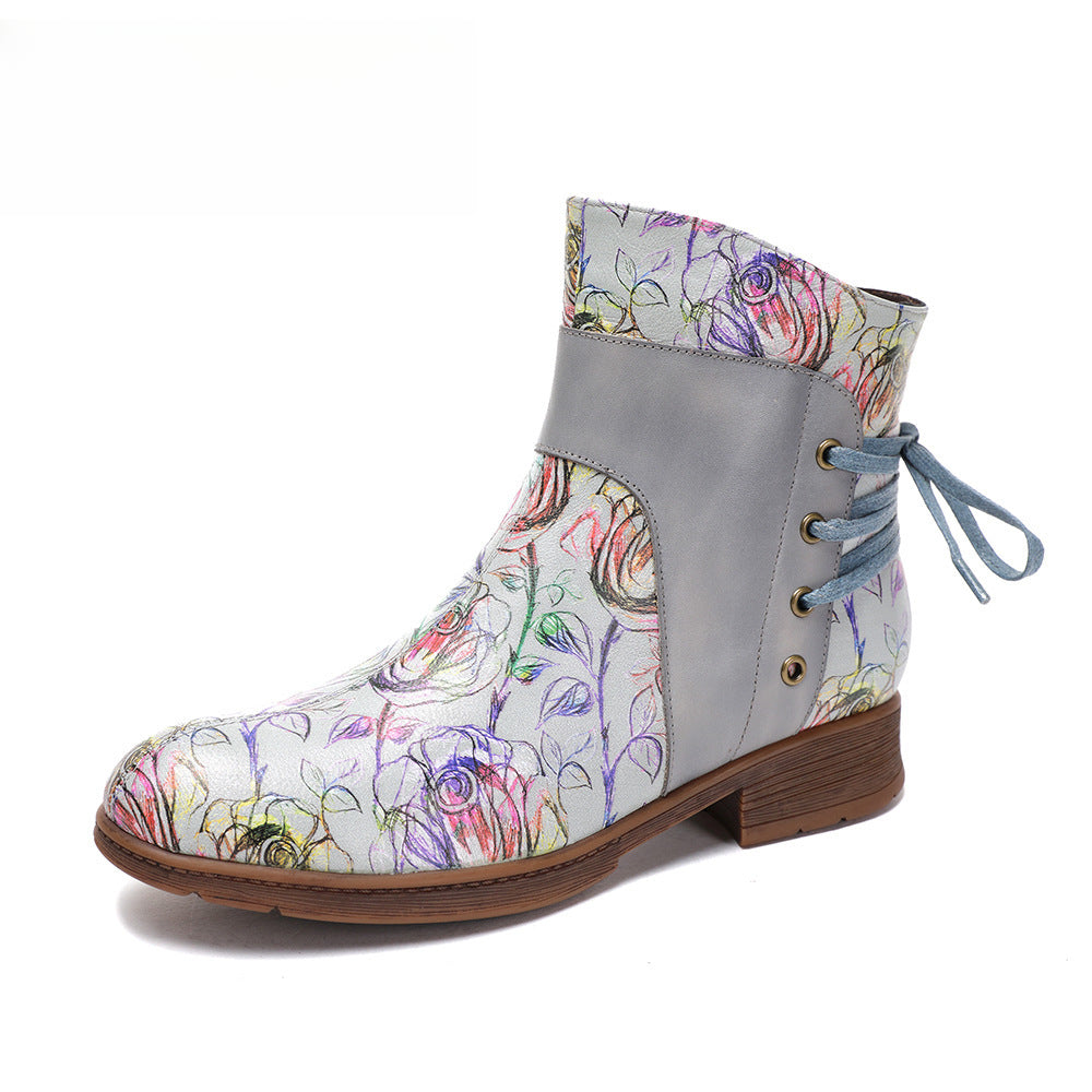 Socofy Vicconfy Retro Leather Blossom Casual Comfort Ankle Boots