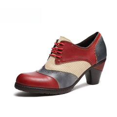 Socofy Thick-heeled retro ethnic style low-top round-toe women pumps