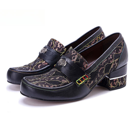Socofy Leather Patchwork Comfortable Chunky Heeled Loafers Shoes 1000