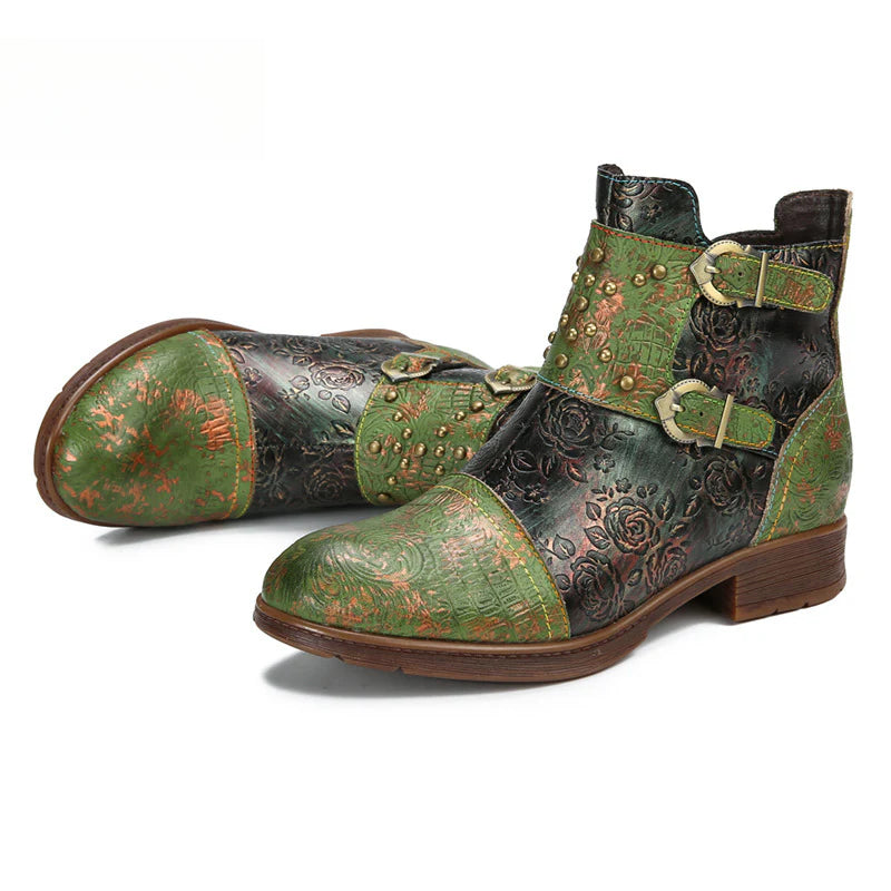 Socofy Vicconfy Genuine Leather Ethnic Vintage Rivet Belt Buckle Boots