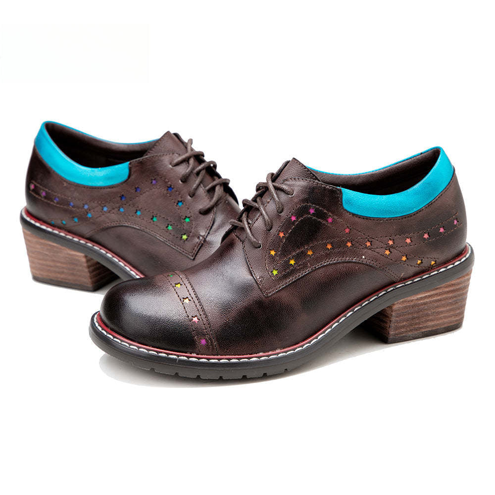 Socofy Leather Star Deco Lace Up Chunky Heel Single Shoes