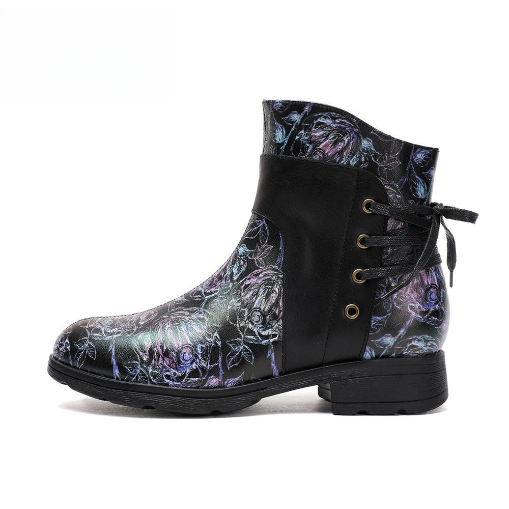 Socofy Vicconfy Retro Leather Blossom Casual Comfort Ankle Boots