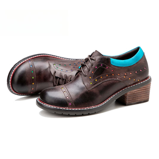 Socofy Leather Star Deco Lace Up Chunky Heel Single Shoes 1000