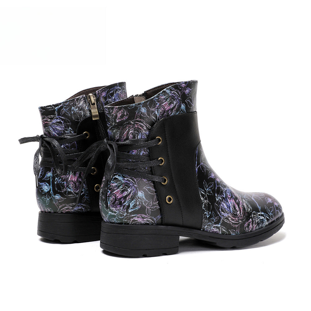 Socofy Vicconfy Retro Leather Blossom Casual Comfort Ankle Boots