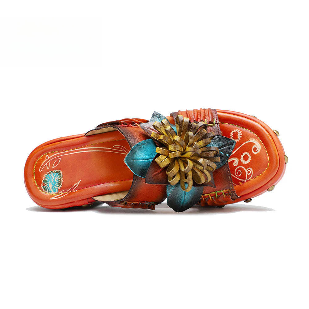 Socofy Genuine Leather Hand-painted Retro High Heeled Slippers Sandals