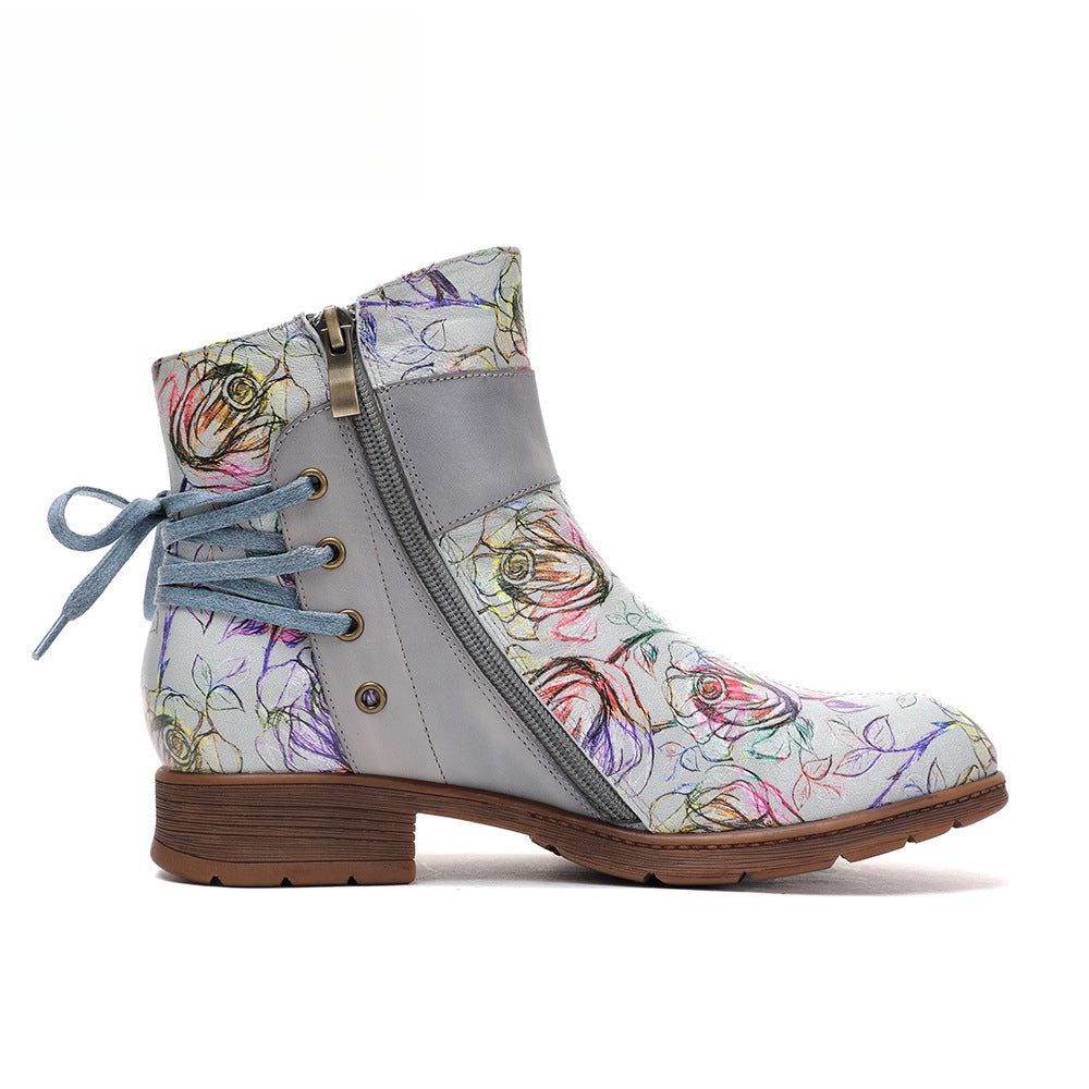 Socofy Vicconfy Retro Leather Blossom Casual Comfort Ankle Boots
