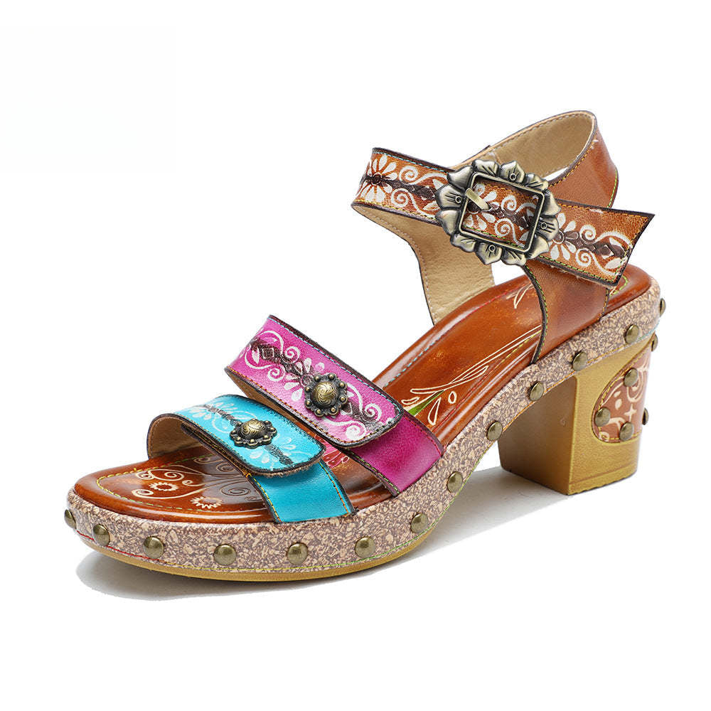 Socofy Summer Leather Retro Rivet Clash Colour High Heeled Sandals