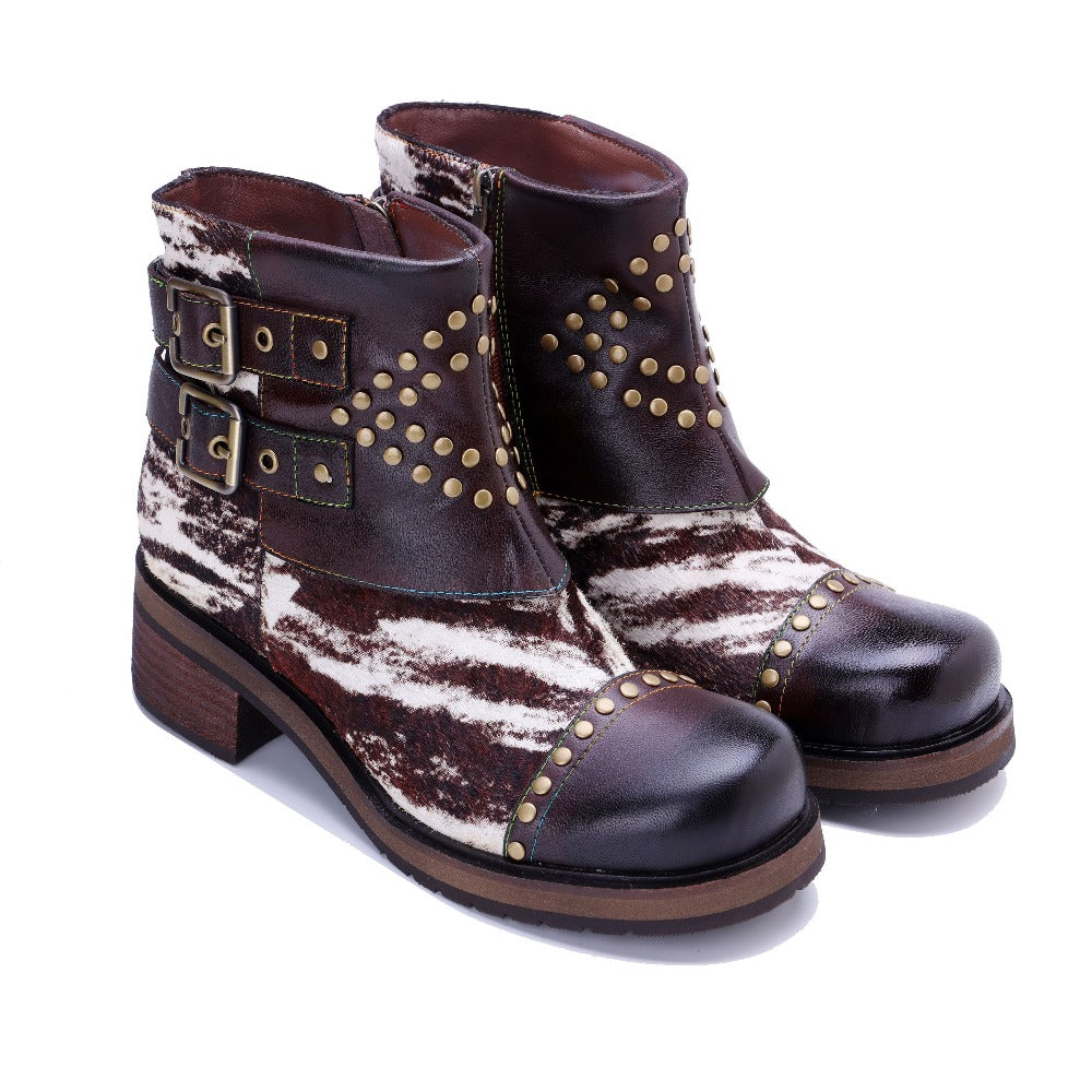 Socofy Retro Handmade Leather Side Zipper Boots