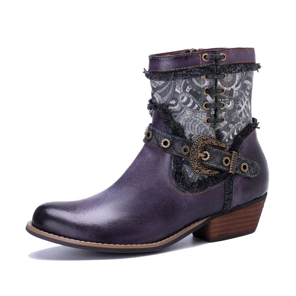 Socofy Handmade Leather Side Zipper Short Boots