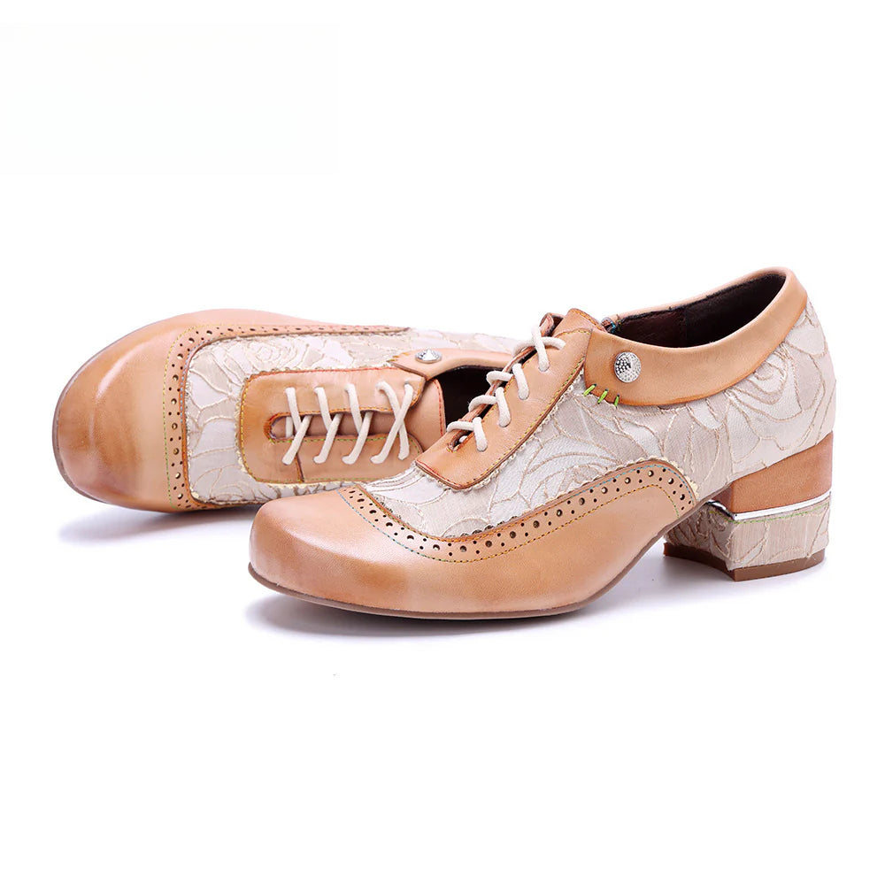 Socofy Genuine leather beige vintage brogue tassel side zipper pumps