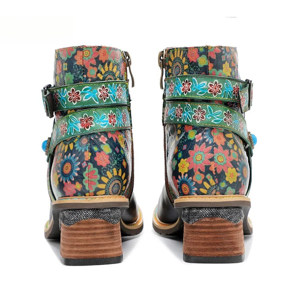 SOCOFY Belt Buckle ZIP Genuine leather Flower Splicing British Style Ankle Boots