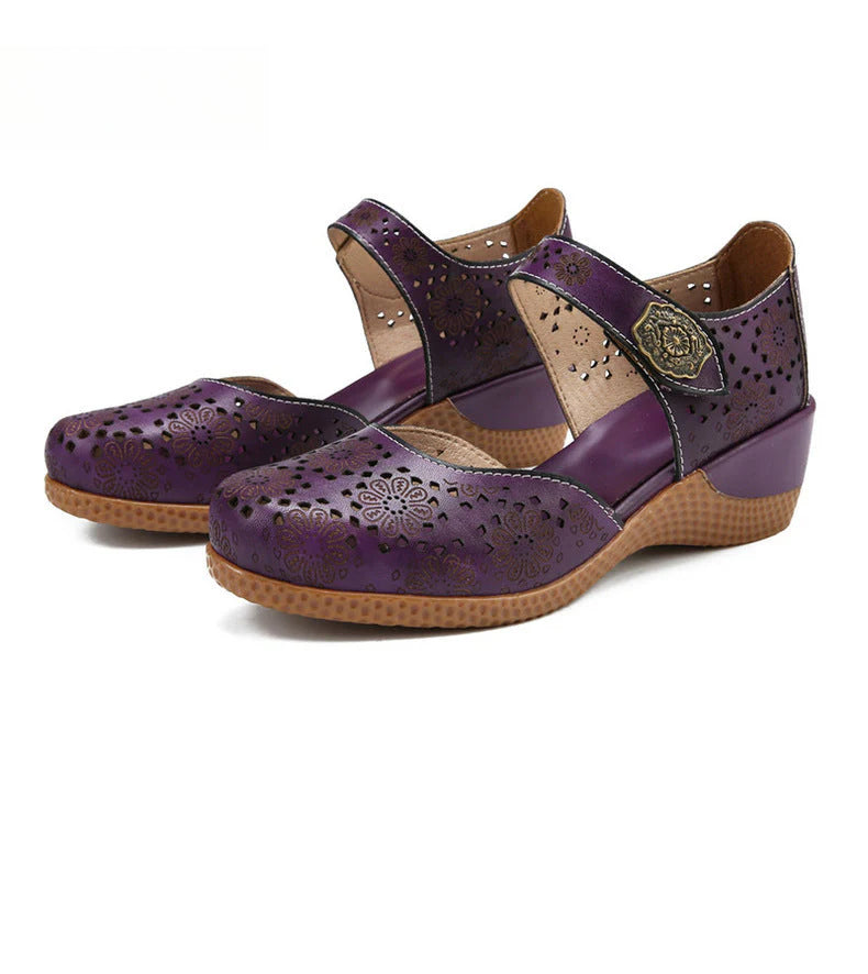Socofy Genuine leather romantic three-dimensional flowers hollowed out sandals
