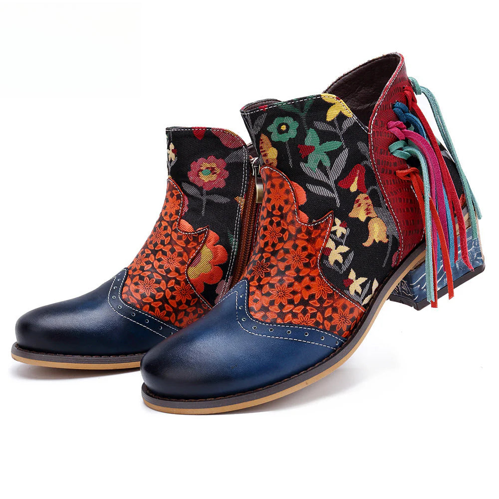Socofy Vicconfy Leather Printed Fringe Cowboy Boots