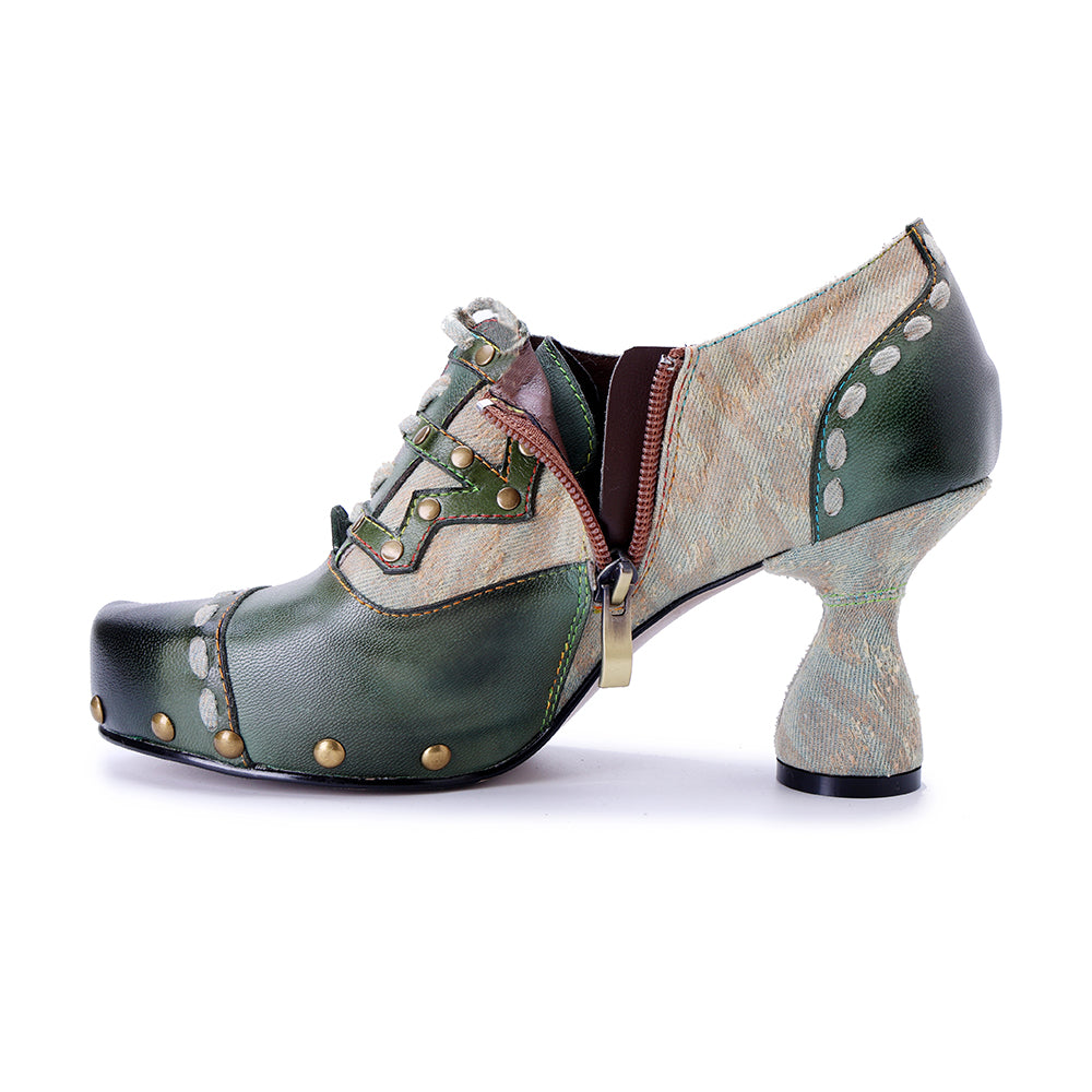 Socofy Vicconfy Genuine Leather Army Green Ethnic Style High Heels