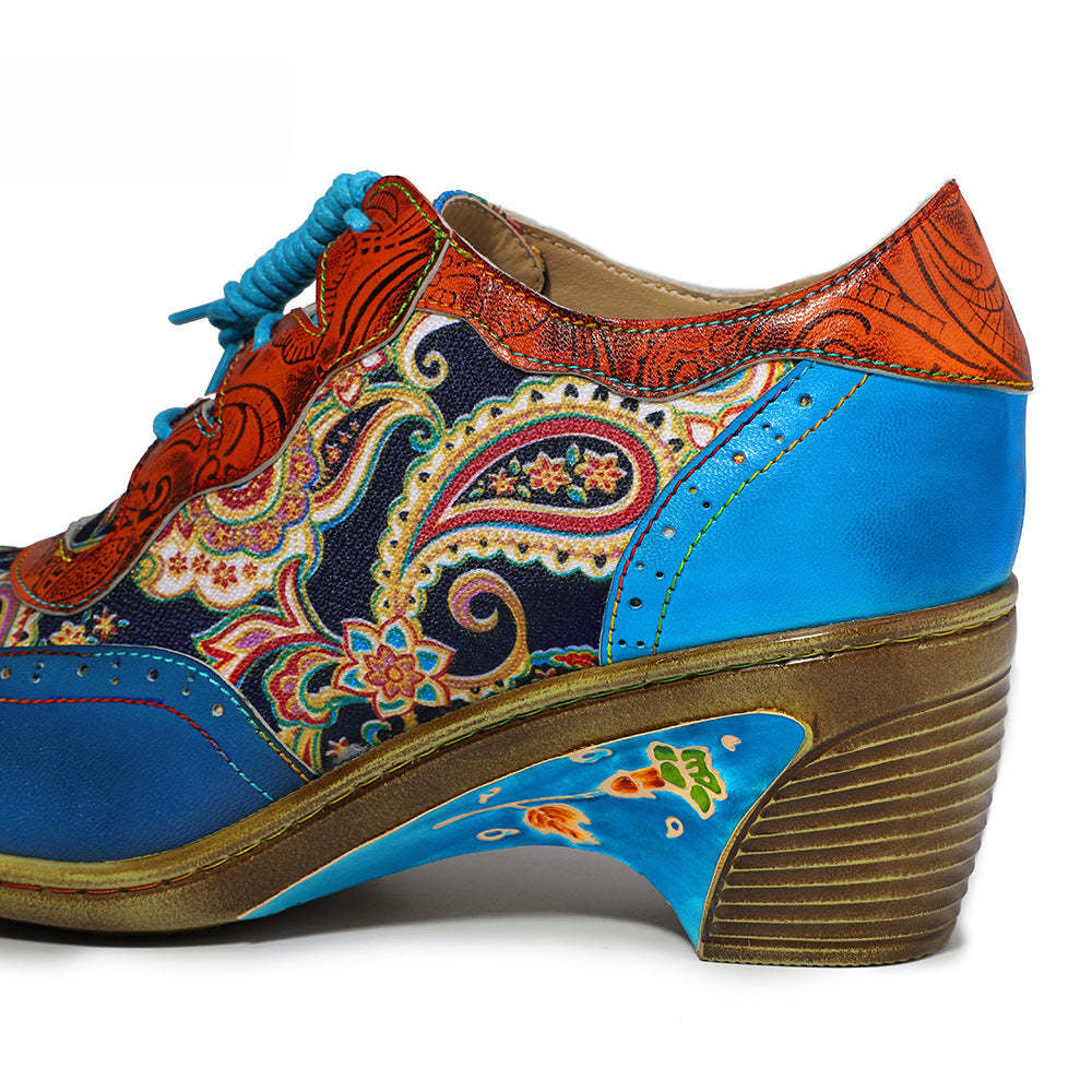 Socofy Vintage Handmade Bohemian Brogue Printed Heels Shoes