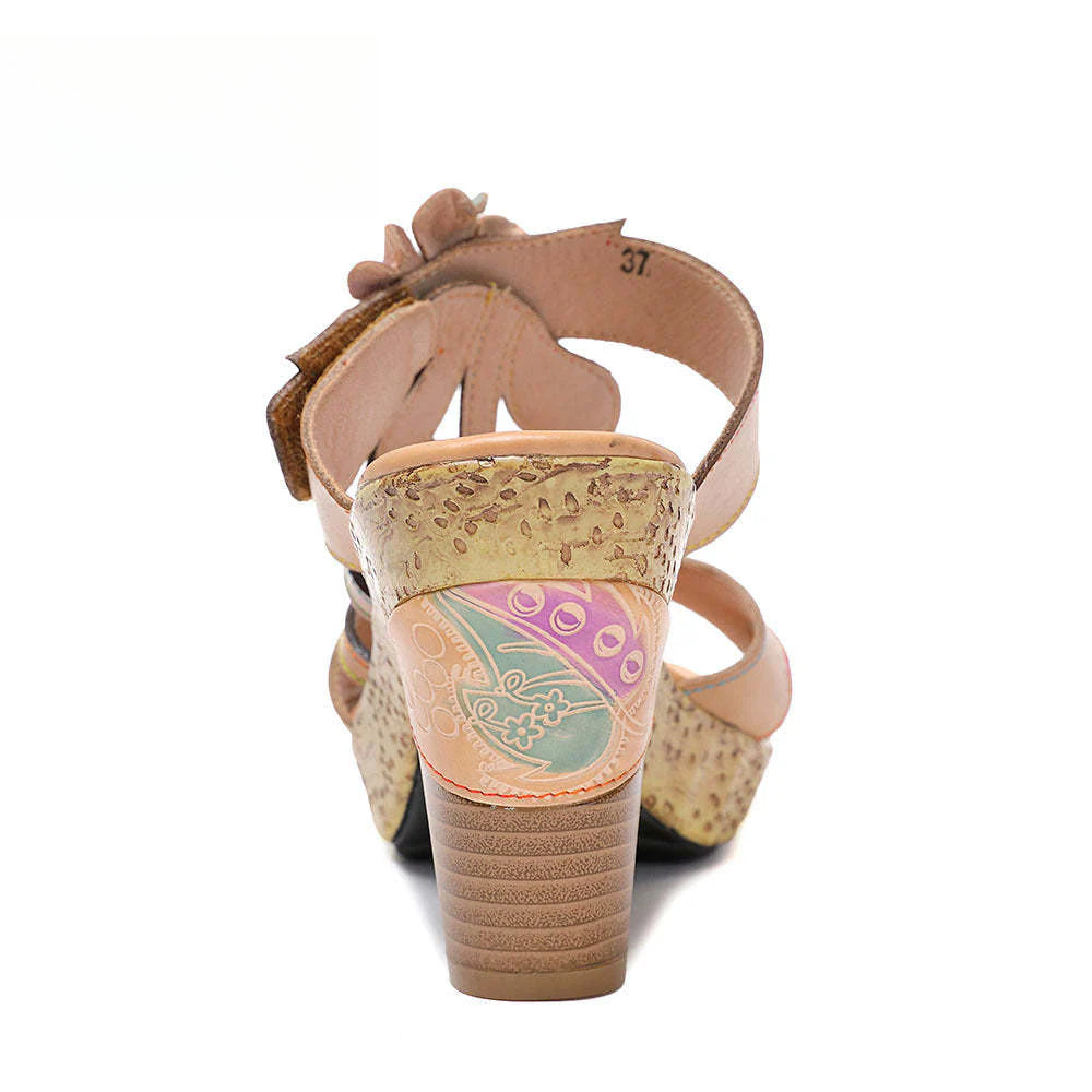 Socofy Vicconfy Flower Patchwork Head Cowhide High Heel Women's Sandals Slippers