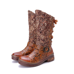 Socofy Winter Leather Vintage Printed Boots