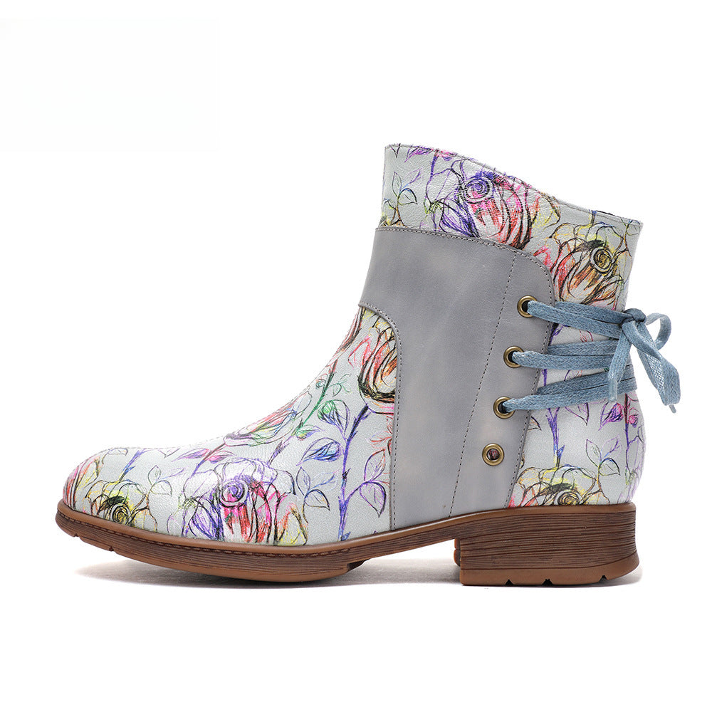 Socofy Vicconfy Retro Leather Blossom Casual Comfort Ankle Boots